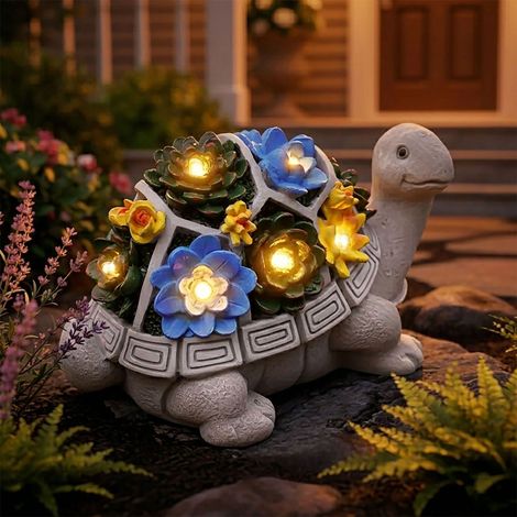 Solar Gartenfigur Schildkröte mit leuchtenden Blumen - 26 x 17 cm - Gartendeko Tierfigur warm weiß beleuchtet für Außen