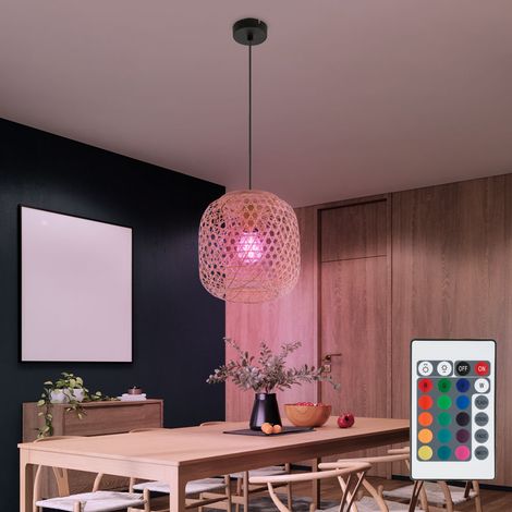 Lampada a sospensione, dimmerabile con telecomando, lampada da tavolo da pranzo a LED, luce da soggiorno, rete di bambù, cambio colore RGB, 8,5W 806lm bianco caldo, DxH 23 x 135 cm