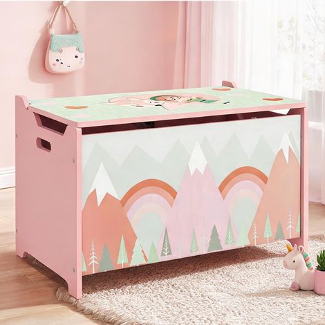 Coffre à jouets enfant avec couvercle sécurité MDF rose 60 cm (1/5)