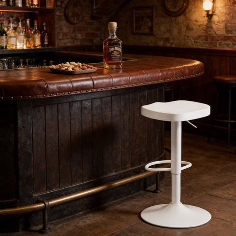Taburete de bar de metal y madera maciza blanco, giratorio 360° y regulable en altura con reposapiés (1/5)