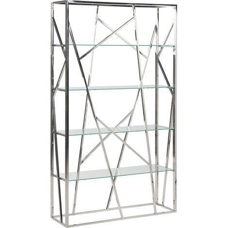 Librería plateada 4 estantes de vidrio templado estructura de acero inoxidable 175 x 100 cm glam decorativa Hoxie (1/5)