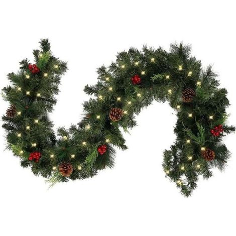 Guirlande de Noël lumineuse, 1,8 m, feuilles de pin artificielles avec cône de pin, baies rouges et décorations lumineuses LED (1/4)