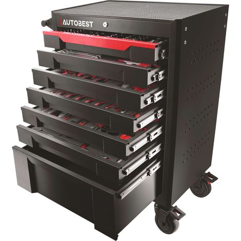 Servante 7 tiroirs équipée 328 outils Autobest - Capacité 30 kg par tiroir - 2 roues fixes - 2 roues avec freins (1/5)