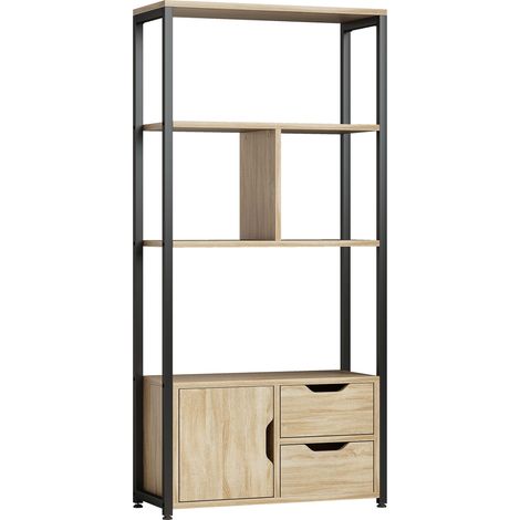 Bibliothèque étagère style industriel CASTELO noir et aspect bois clair (1/5)
