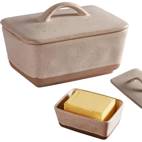 Beurrier en céramique avec couvercle, 350 ml, en porcelaine, vintage, petit beurrier avec couvercle et anse, pour réfrigérateur et table à manger, pour tous les beurres courants (couleur fromage) (1/5)