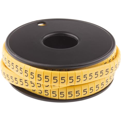 Repère câble , Ø câble 3.5  7mm, texte : 5, Noir sur Jaune ( Prix pour Bobine de 500 )