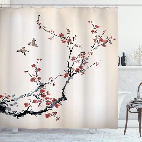 pair La Nature Rideau de Douche, Oiseaux de Style Art, Tissu Ensemble de Décor de Salle de Bain avec Crochets, 180 cm x 180 cm, Noir Bourgogne (1/5)