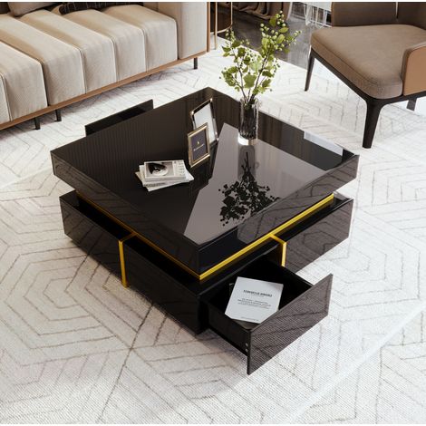 Tavolino da salotto in truciolare nero lucido 70 cm con 2 cassetti (1/5)