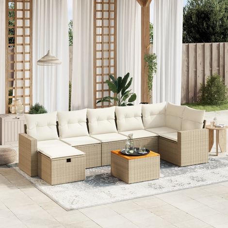 Ensemble de Jardin 8 Places en Résine Tressée Beige avec Coussins - Salon d'Extérieur Modulaire avec Table Acacia (1/4)