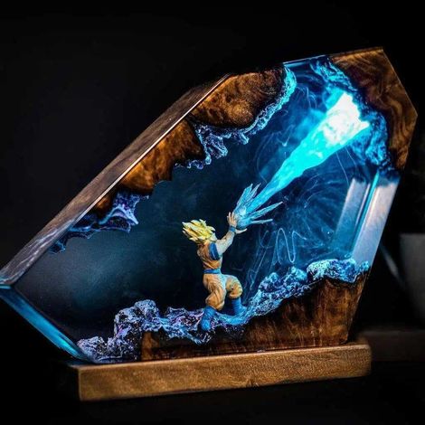 Lámpara de noche 3D de Dragon Ball en resina epoxi, figuras de resina de Son Goku con base de madera, lámpara de mesa con cable USB y 16 colores, luz nocturna LED multicolor con control remoto. (1/5)
