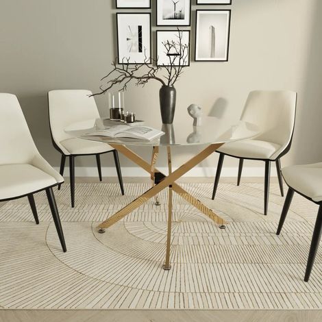 Tavolo rotondo 120cm top in vetro temperato trasparente 8mm e gambe incrociate in acciaio dorato Leif