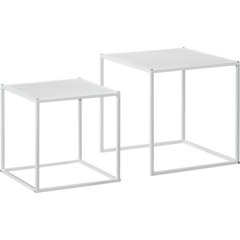 Set de 2 tables basses carrées avec plateau blanc et structure acier, pour salon (1/5)
