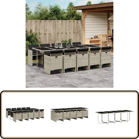 11-tlg. Garten-Essgruppe mit Kissen Hellgrau Poly Rattan - Gartentisch - Gartenmöbel Set - Outdoor Möbel - Esstisch - Gartenstühle