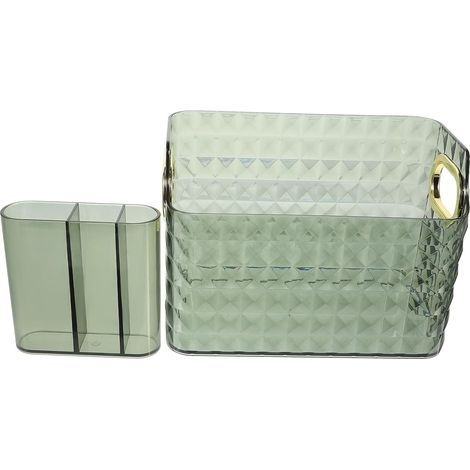 Organisateur cosmétique, Ensemble 2 pcs, boîte de rangement de maquillage de bureau avec plateau intérieur à 3 compartiments, couleur or émeraude (1/5)