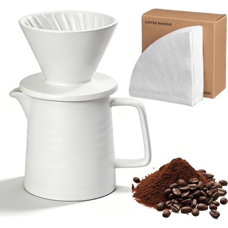 Pour Over - Cafetière à piston - 450 ml - Filtre à café en porcelaine avec tasse et 100 filtres en papier - Goutte à café en céramique - Cafetière manuelle pour la maison, le bureau (1/5)