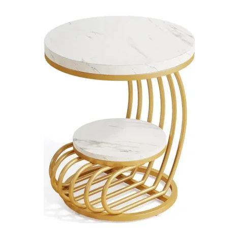 Mesa auxiliar redonda de 2 niveles en mármol artificial blanco y metal dorado MODENUIT (1/5)