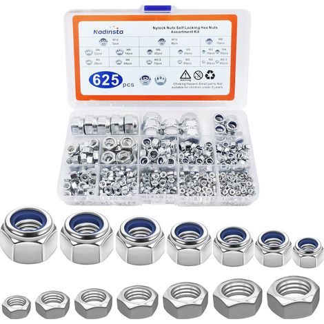 625 Pièces Assortiment Kit Acier au Carbone Ecrous Frein, Ecrous Frein de Serrage Autobloquants pour Contre-Ecrou Boulon Visserie M2/M2.5/M3/M3.5/M4/M5/M6/M8/M10/M12 (1/5)