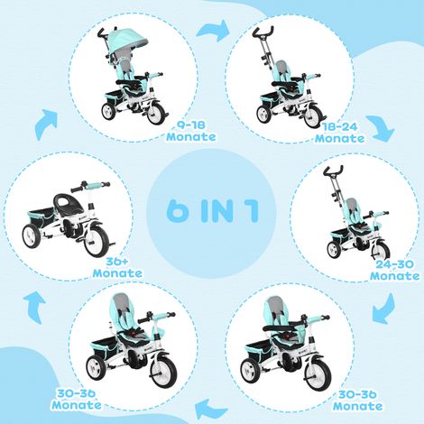 Tricycle enfant 6 en 1 avec barre de poussée, capote, harnais et panier de rangement, pour les enfants de 1 à 5 ans, vert