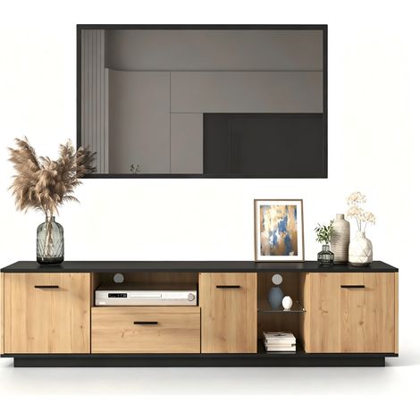 Meuble TV noir brillant,éclairage LED RVB,portes et tiroirs,en mdf,pour televiseur (1/5)