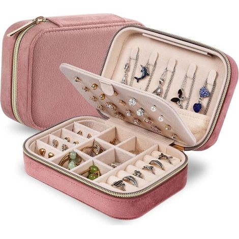 Boîte à bijoux en velours, petite boîte à bijoux de voyage, boîte de rangement de bijoux de voyage portable pour femmes et filles (rose) (1/5)