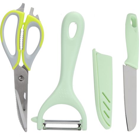 Lot multifonctionnel en acier inoxydable : ciseaux, couteau à légumes, éplucheur pomme de terre, carotte, fruit, ustensiles de cuisine vert (1/5)