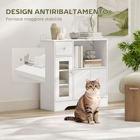 Buffet blanc en bois 80x30x82 cm, meuble à 3 niveaux avec étagères ouvertes, tiroir et armoire à 2 portes. (1/5)