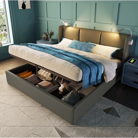 Lit coffre adulte 180x200 cm avec rangement, lampe de lecture et 2 ports USB, sommier relevable en PU gris (1/5)