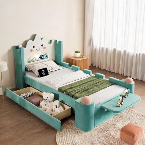 Cadre de lit coloris bleu vert en velours 240 x 122,5 x 106 cm (1/5)