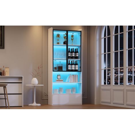 Vitrine 80x34x180cm, armoire haute avec 1 tiroir et portes vitrées, meuble vitrine LED avec étagère ouverte, colonne de rangement blanche pour salon, armoire en verre design (1/5)