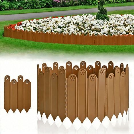 Set aus 10 Gartenbegrenzungen mit einer Gesamtlänge von 2 Metern, geeignet für Rasenkanten und Blumenbeete, in brauner Farbe. (1/5)