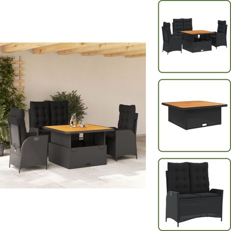Gartenmöbel - vidaXL 4-tlg. Garten-Essgruppe mit Kissen Schwarz Poly Rattan - Sitzbank