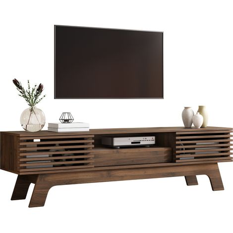 TV Lowboard Fernsehschrank TV Board Fernsehtisch MDF Lamellentüren Schublade Kabeldurchlass Wohnzimmer (1/5)