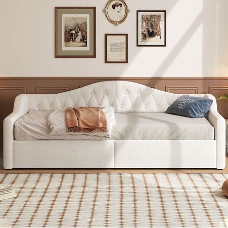 Cama de día tapizada 90x200 cm beige en MDF y contrachapado con cabecero, LED laterales y almacenaje inferior (1/5)