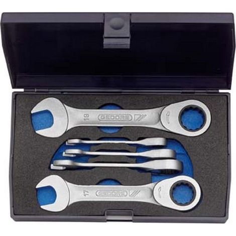 Juego de llaves mixtos con trinquete extra-corto, 5 unidades, modelo extra-corto, cabeza con trinquete recta, Contenido : 8 10 13 17 19 mm