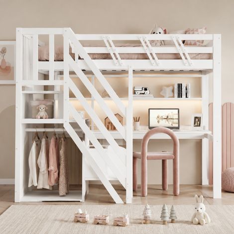 Cama alta 140/200 cm blanca con escritorio, LED y escalera con almacenaje (1/5)