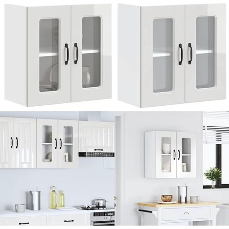 Armario de cocina de pared con puerta de cristal "Kalmar" de, madera de ingeniería blanca brillante - Armario de pared - Cocina organizada