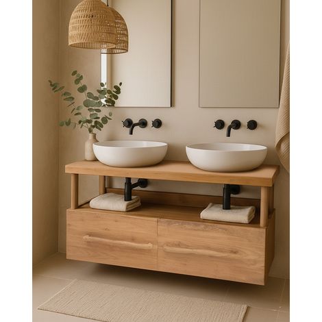 Névia - Meuble salle de bain en teck avec étagère en verre 140 cm (1/5)
