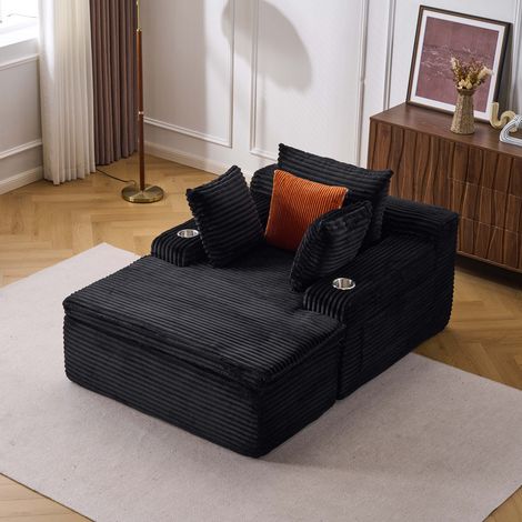 Cord Schlafsessel mit Liegefunktion, weiches Loungesofa mit Kissen, Decke und Getränkehaltern, werkzeuglos