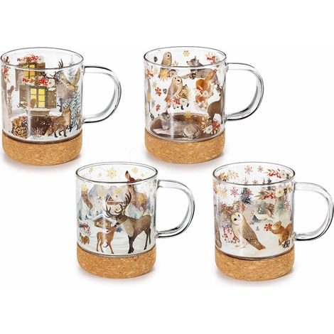 Tazze natalizie in vetro borosilicato con base rimovibile in sughero e decori animali del bosco, con scatola, set da 4 pezzi, Ø 7 cm x 8,5 H