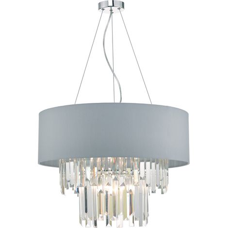 DAR HALLE - Suspension cylindrique gris clair et cristal avec abat-jour, 6x G9 (1/4)