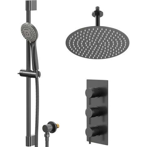 Colore Round Gunmetal Grey Concealed Triple Thermostatic Shower Valve and 300mm Fixed Head with 150mm Ceiling Arm and Slide Rail Kit - 2 Outlet (1/5)