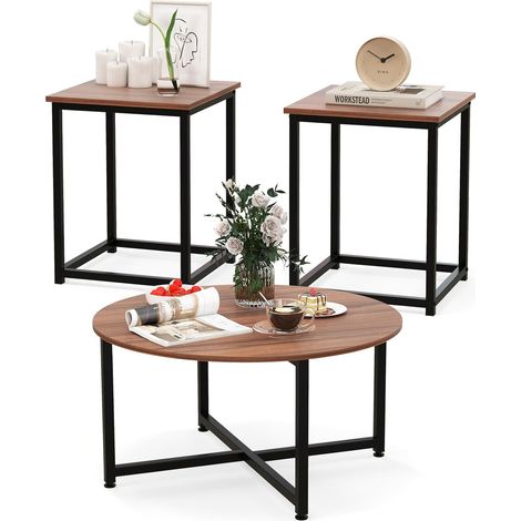 COSTWAY Set di Tavolini da Caffè 3 Pezzi, Tavolino Rotondo e 2 Tavolini Quadrati con Struttura Metallica Robusta, Set di Tavoli da Salotto Moderni 3 Pezzi (Noce) (1/5)