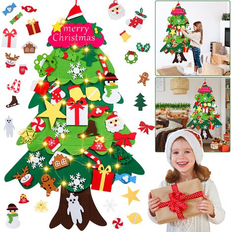 Randaco Árbol de Navidad de fieltro, decoración DIY para árbol de Navidad de fieltro, árbol de Navidad con luces LED, 33 adornos desmontables, regalo (1/5)