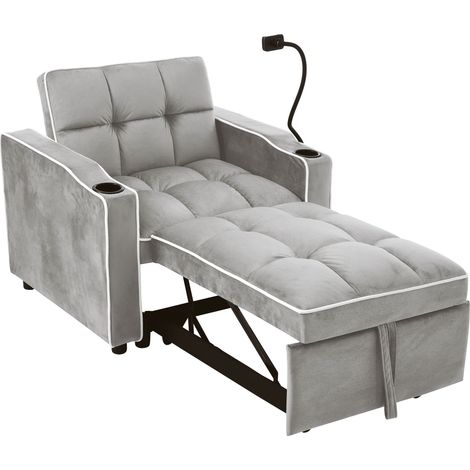 Canapé convertible 1 place gris et blanc, couchage 3-en-1 avec porte-gobelets et poches, 83 x 167 x 76 cm, pour studio (1/5)