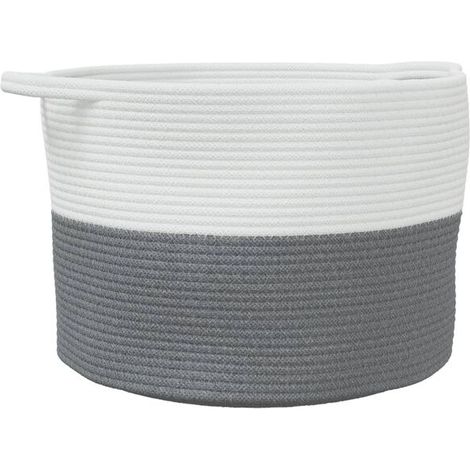 Un panier à linge à rayures grises et blanches, de 55 cm de diamètre et 36 cm de hauteur, en coton. (1/5)