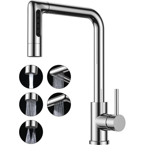 Robinet de Cuisine Cascade Noir, Rotatif à 360° Mitigeur Cuisine avec Douchette, Acier Inoxydable à Haute Pression avec Levier Unique et 3 Modes de Pulvérisation (1/5)