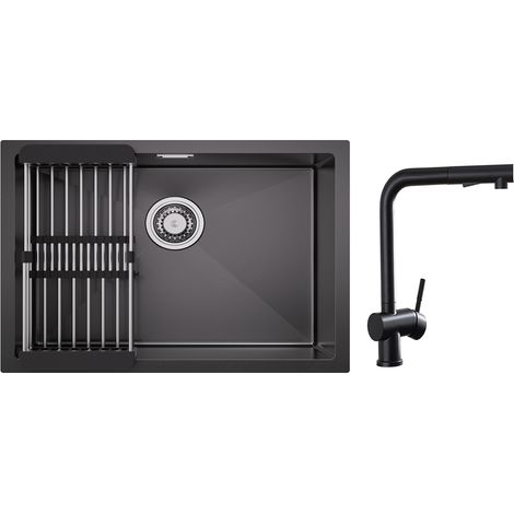 Fregadero de cocina de acero inoxidable de 1 seno de 60 × 44 cm con escurridor + grifos de cocina con rociador extraíble, grifo mezclador de fregadero negro (1/5)