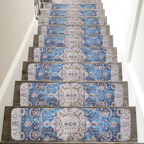 Lot de 8 tapis antidérapants pour marches d'escalier, tapis d'escalier avec envers en caoutchouc, tapis d'escalier à imprimé classique, 75 x 20 cm (1/5)