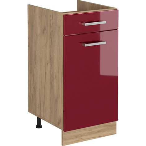 Küchenunterschrank R-Line, Rot Hochglanz/Goldkraft Eiche, 40 cm ohne Arbeitsplatte, Vicco (1/5)