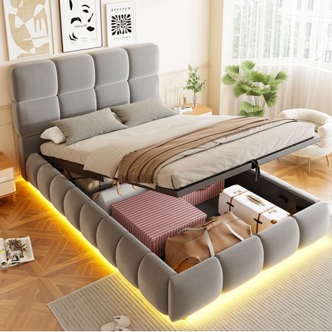 Lit coffre enfant 90x200 cm avec LED, coffre de rangement hydraulique, tête de lit rembourrée, velours gris (1/5)